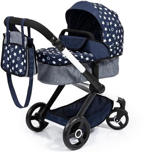 Bayer Design 17015AA Puppenwagen Xeo mit Tasche, höhenverstellbarer Griff, Schwenkschieber, wandelbar als Puppenjogger, bewegliche Vorderräder, integrierter Korb, Blau, Weiß