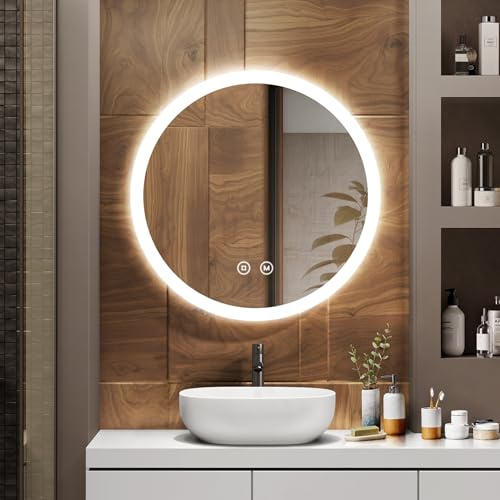 EMKE Badspiegel mit Beleuchtung Rund 60cm, Dimmbar, Beschlagfrei | LED Spiegel mit Beleuchtung, 3 Lichtfarben, Touch-Schalter, Badezimmerspiegel Rund Badspiegel, IP44