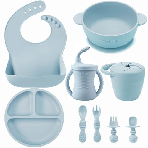 PandaEar Silikon Geschirrset | 9-teiliges Kinder Set Mit Teller, Schüssel, Lätzchen, Trinklernbecher, Löffel Und Gabeln | Saugnapf-Funktion (Blau)