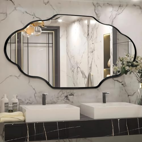 Clevich Spiegel Asymmetrisch 66x116cm Rahmen Alu, HD Glas Wandspiegel, Moderner Dekor-Spiegel, Schlankes Modernes Design, für Bad Badezimmer Wohnzimmer Flur Schlafzimmer Wand Laternen-Design, Schwarz