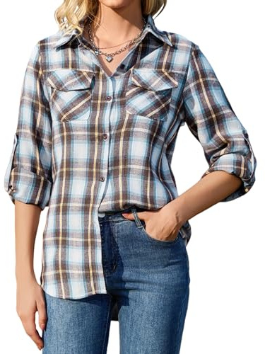 Irevial Karierte Bluse Damen Langarm Karohemd Baumwolle Hemdbluse | Trachtenbluse, Oktoberfest, Flanellhemd, Blusen, V-Ausschnitt Hemd, für Alltag Oktoberfest Casual Arbeit