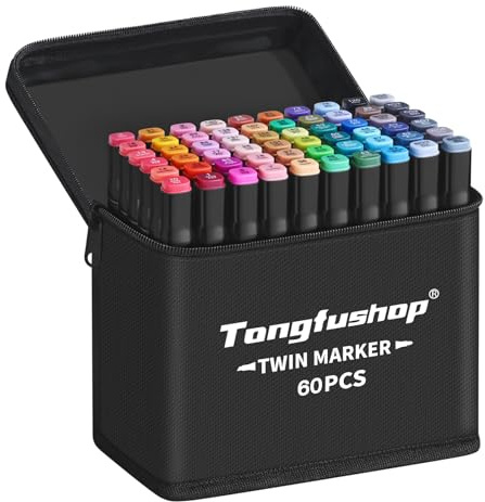 Tongfushop 60+2 Farben Filzstifte, Doppelte Spitze Marker Stifte Set, 2 Sekunde Schnell Trocknende Sketch Permanent Alkoholmarker mit Schwarzer Tragetasche und Abstandshalter für Malerei, Design