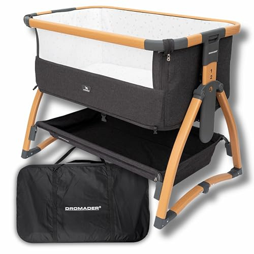 DROMADER Beistellbett Baby 3in1 - Babybett, Babywippe, Reisebett Baby mit Matratze, 0–6 Monate, max 9kg – Stubenwagen mit 7 Höhenverstellungen, Wiegefunktion, Atmungsaktives Netz – Tragetasche