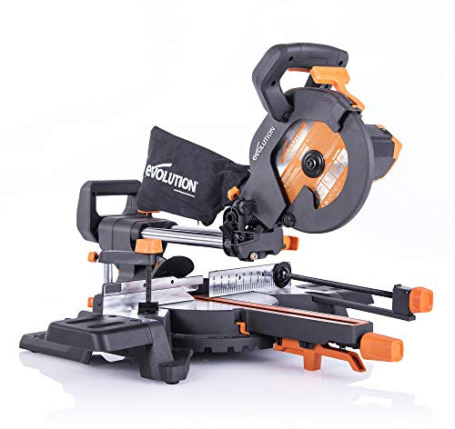 Evolution Schiebe-Kapp- und Gehrungssäge R210SMS-300+ | 1500 W, 300 mm Gleitfunktionalität, Schrägschnitt, Gehrungswinkeln | Ø 210 mm HM TCT Sägeblatt für Multimaterialschnitt | Zug-kapp-gehrungssäge