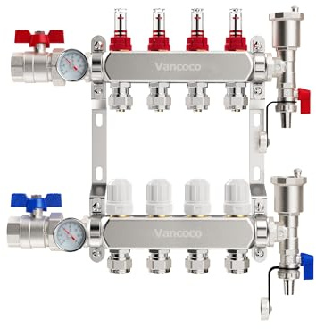 VANCOCO Heizkreisverteiler Edelstahl für 4 Heizkreise mit Eurokonus 16 × 2 mm, Fußbodenheizung Verteiler, Schnellentlüfter Set, 1 Kugelhähne, 5 L/min Durchfluss, Durchflussmesser