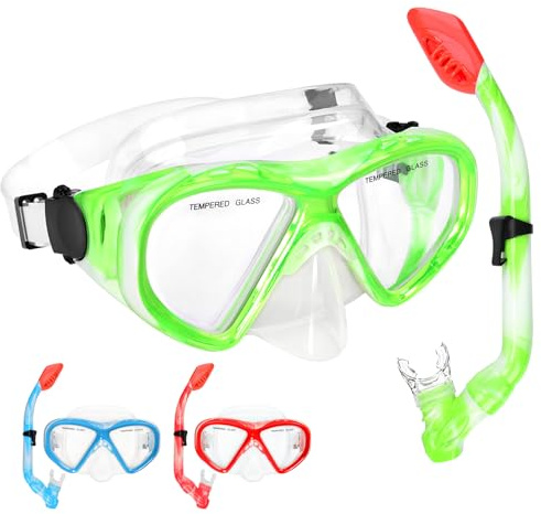 Schnorchelset Kinder, Taucherbrille Kinder mit Schnorchel Anti Leck Anti Fog HD Tauchmasken Dry Schnorchel für 4-13 Jahren Jungen Mädchen