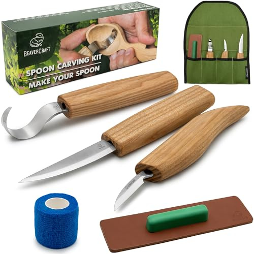 BeaverCraft S13 Holzschnitzerei Werkzeuge Set für Löffelschnitzen 3 Messer in Werkzeugsrolle Abziehriemen mit grüne Polierpaste Hakenmesser Sloyd Messer (rechtshändig Löffelschnitzset)