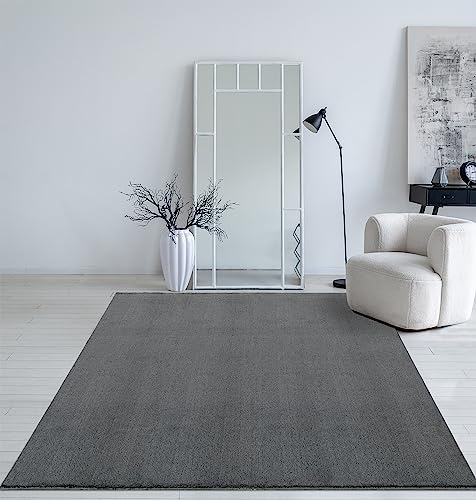 Mia´s Teppiche Taos – kuscheliger Kurzflor Teppich in Felloptik, super Soft & waschbar bis 30°C, mit Anti-Rutsch-Unterseite, Wohnzimmer & Schlafzimmer, Made in Türkiye, Anthrazit, 120 x 160 cm
