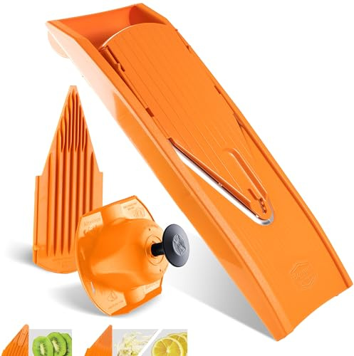 Börner V1 ClassicLine Gemüsehobel - Basis Set - Mit 2 Einsätzen - Orange | Mit Sicherheitsfruchthalter + 2 Einsätzen - Scheiben in 3 Schnittstärken - Mikrofein geschliffene Edelstahlmesser - BPA-frei