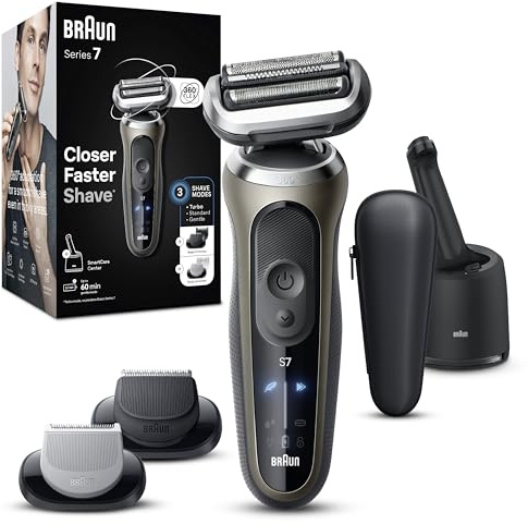 Braun Series 7 Rasierer Herren Elektrisch, Elektrorasierer, 60 Min. Akku, 4in1 SmartCare Center, +2 Aufsätze, Kabelloser Nass- & Trockenrasierer Männer, Wasserdicht, Made in Germany, 72-C7650cc, Gold