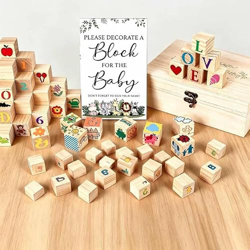 128 Stück Babyparty Spiele Set，Bauklötze Bemalen Babyparty Deko Mit 48 Würfeln, 24 Stiften, 54 Schablonen & Holzbox für Gender Reveal, Babyparty Junge und Mädchen