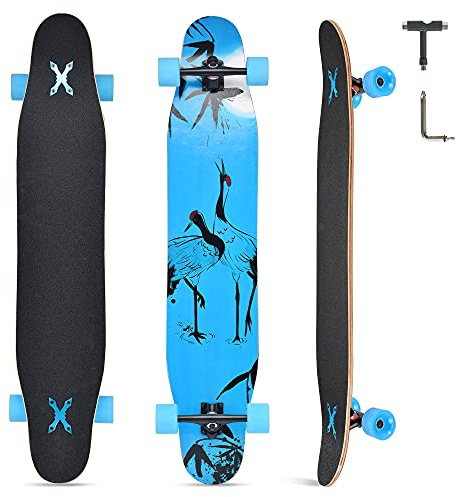Opurtdor Longboard 118CM Profi Skateboard Komplettes Cruiser Trick 8 Etagen Ahornholz Wood Schwarzes Longboard für Anfänger Erwachsene Teens (Elfenkranich)