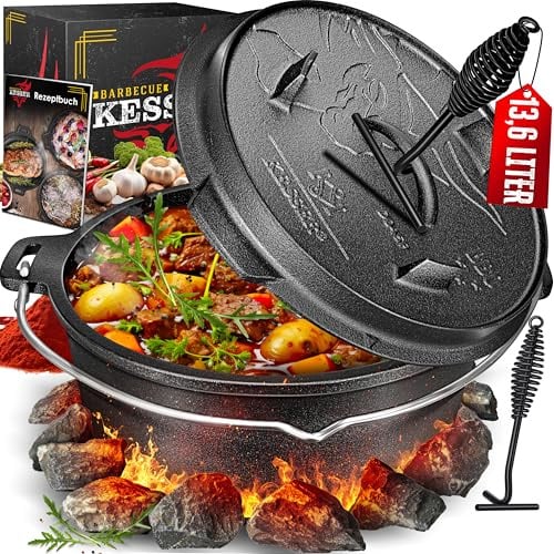 KESSER® Dutch Oven Set BBQ 13,6 Liter Feuertopf Schmortopf, Gusseisen Topf mit Deckelheber Henkel und Schlitz für Themormeter, kochkessel Grilltopf Gulaschkessel für Oudoor & Indoor