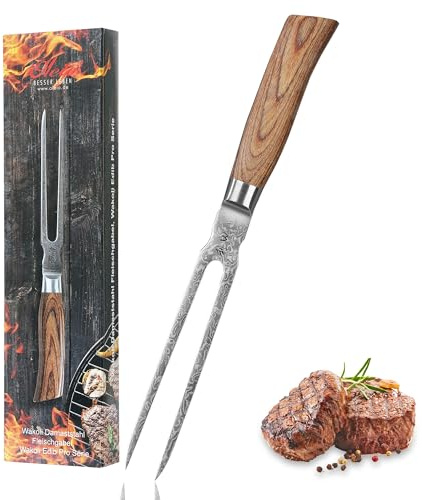 Wakoli Damast-Tranchiergabel 18 cm mit VG10-Kern und Pakkaholzgriff | EDIB Pro: Fleischgabel und Grillgabel aus 67 Lagen Damaststahl zum Fixieren, Wenden und Servieren von Braten, in Geschenkbox.