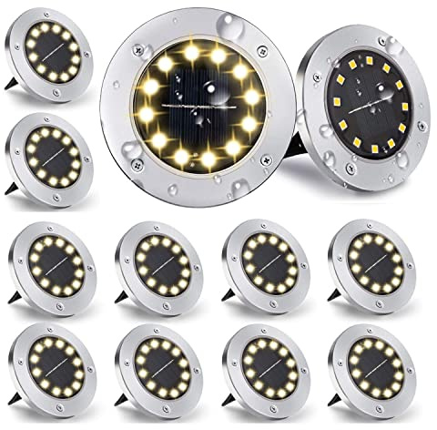 Nurkoo [12 Stücke] Solar Bodenleuchte Aussen, 12 LEDs Solarleuchten 800mAh Disk Lights Mit Upgrade Solarpanel Gartenleuchte Solarlampe Solar Strahler Deko für Rasen,Gehweg,Pool,Terrassen(WarmWeiß)