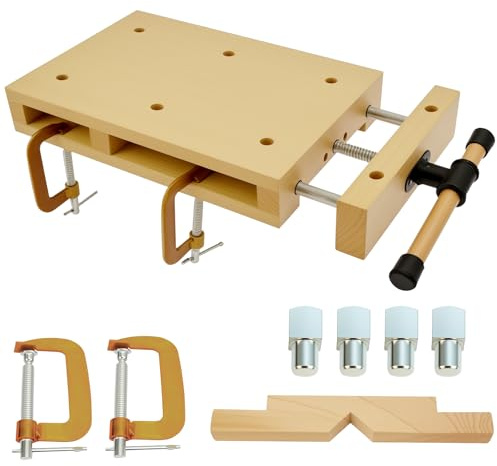 Mobile Hobelbank Holz Werkbank mit Schraubstock, Tragbare Werkbank | 46,5x28x7cm mobile Holzwerkbank aus Buchenholz mit Klemmen für Schnitzen, Schneiden und Heimwerkerprojekte