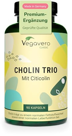 Vegavero Cholin Trio Kapseln 90 Stück - 250 mg Cholin aus L-Cholin Bitartrat, CDP-Cholin & Phosphatidylcholin - mit Citicolin & Lecithin - Vegan, ohne Zusatzstoffe