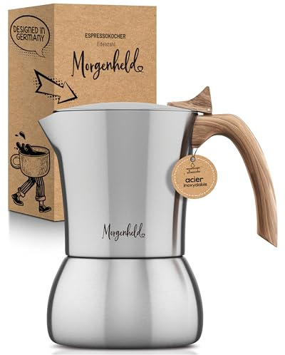 Morgenheld FLOW Premium Espressokocher aus Edelstahl 6 Tassen 300ml Induktion Espressokanne Espressomaker für zu Hause und Camping Mokkakocher für alle Herdarten induktionsgeeignet BPA-frei nachhaltig