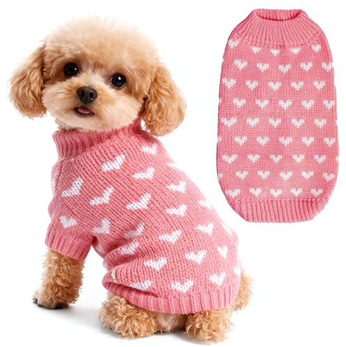 Hundepullover Herz Hundepulli Valentinstag Pullover Hund Katzenpullover Rosa Gestricktes Hunde Pullover Warme Hundekleidung für Kleine und Mittelgroße Hunde S