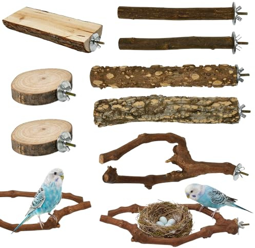 VGECEE 9 Stück Vogelspielzeug Holz Natur Sitzstangen Wellensittich Sitzstangen Naturholz Vogel Sitzstangen Spielzeug Vogelständer aus Holz Vogelkäfig Zubehör für Wellensittich Kanarienvogel