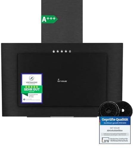 KKT KOLBE A+++ Dunstabzugshaube 60 cm | Umluft Abluft | Kopffrei | Wandhaube | Schwarz Stahl | LED-Beleuchtung | 3 Gebläsestufen | inkl Aktivkohlefilter | VTH6004S