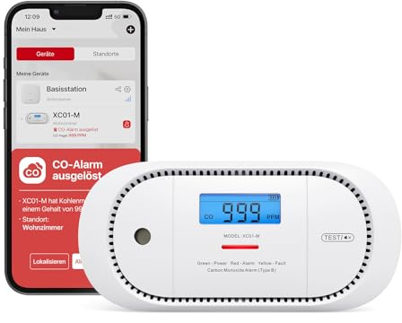 X-Sense Kohlenmonoxid-Melder funktioniert mit der SBS50-Basisstation, verfügt über eine Digitale LCD-Anzeige, Einer austauschbarer Batterie, CO-Melder mit Spitzenwertspeicher, 1er-Pack, XC01-M