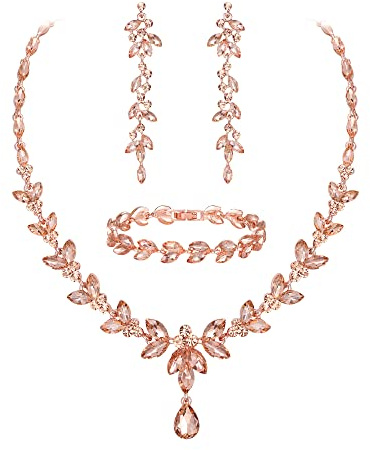 EVER FAITH Schmuckset Österreichisches Kristall Braut Schmuck-Set, Elegante Marquise Strass Blatt Halskette mit baumelnden Ohrringen Tennis-Armband-Set