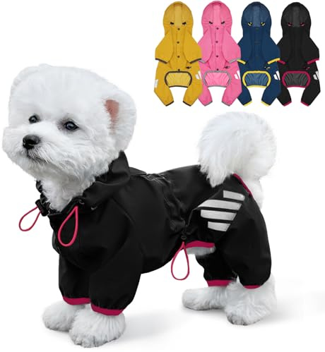 Miucat Hunderegenmantel, wasserdichte Hunderegenjacke mit Kapuze, Hunderegenmantel mit Loch für die Leine, reflektierender Gurt für kleine und mittelgroße Hunde, leichte Welpenkleidung (Schwarz, M)