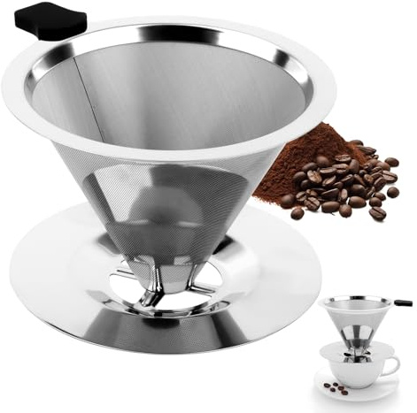 TNEDFOD Kaffeefilter, Wiederverwendbar, 800 Maschen, Edelstahl, Silber, für manuelle Kaffeezubereitung
