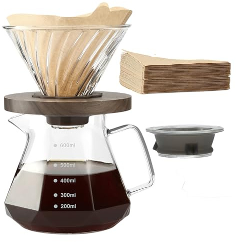 Lalord Pour Over Kaffeebereiter, 600 ml Borosilikat Glaskanne Set mit 02 Papierfilter 100 Blätter, Walnusshenkel, Für Zuhause, Café, Restaurant und Camping, 20 unze, 1 bis 3 Tassen