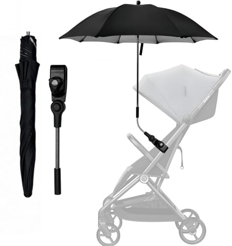 FINEVERNEK Sonnenschirm für Kinderwagen, kinderwagen Regenschirm 50+ UV mit Regenschirmgriff, 73cm Durchmesser Universal Sonnenschirm Buggy kinderwagen-Schwarz