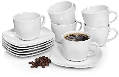 SÄNGER 12-teiliges Kaffeetassen Set Bilgola aus Porzellan, Kaffee | Geschirrset für 6 Personen, Tassen & Untersetzer, Eckiges Design 150 ml