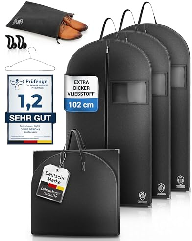 3 x Kleidersack Anzug + Bonus Schuhbeutel - 102 x 60 cm - Kleiderhülle Hält Ein Leben Lang | Anzugtasche - Bis zu 56% Dickeres Material (125 GSM) | Atmungsaktiv & Wasserdicht | Reise Schutzhülle