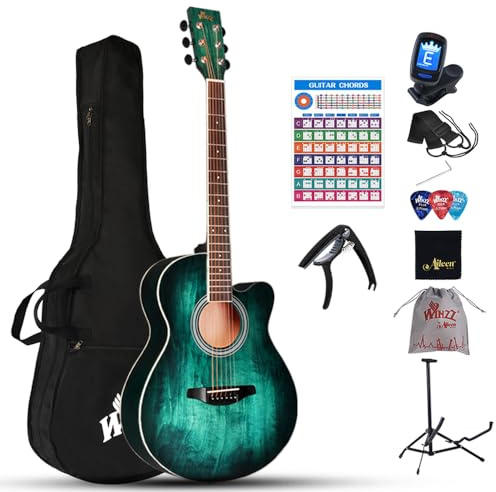 Winzz Akustikgitarre Blau-grün, Westerngitarre 40 Zoll, Gitarre Anfänger Set mit Gitarrenständer, Gitarren Plektrum, Gitarrengurt, Gitarrenstimmgerät, Gitarrentasche