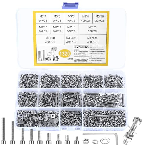 1320 STK M3 Schrauben Set, Edelstahlschrauben M3 Zylinderschrauben mit Innensechskant Schrauben mit Muttern und Unterlegscheiben Set, Gewindeschrauben Muttern Set, Maschinenschrauben Sortiment
