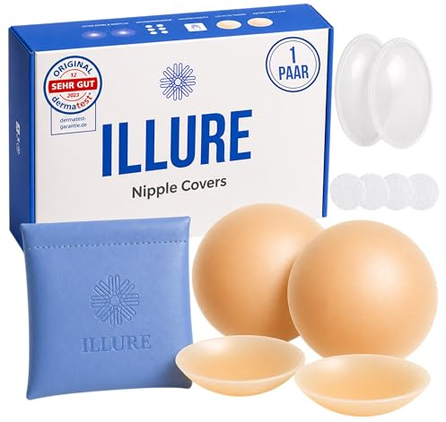 ILLURE® Premium Nippelpads Damen 8 cm, Nipple Cover selbstklebend, wiederverwendbar & waschbar, hypoallergenes Silikon, dünne Brustwarzenabdeckung für rückenfreie Kleider, Tops & Alltag, mit Tasche