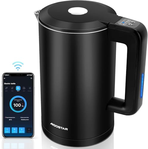 Aigostar Smart Wasserkocher mit Temperatureinstellung 40°C-100°C, Innen Ohne Plastik (100% Edelstahl), WLAN & Alexa, 1-12H Warmhaltefunktion, 1,7L Doppelwandig, Strix, 7-Farben LED, Schwarz