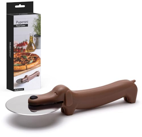 PELEG DESIGN Puperoni Pizza-Schneider – Lustiger Pizzaroller in Dackel-Form – Mit scharfer Edelstahl-Klinge & ergonomischem Griff – Stehendes Design für Arbeitsplatten