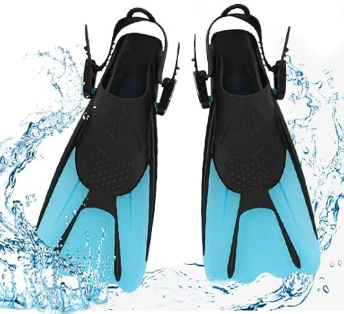 mizikuu Schnorchelflossen, Verstellbare Tauchflossen Kurze mit Tasche zum Umhängen Schwimmflossen Kinder Taucherflossen Gr.34-38 Erwachsene Leichte Reiseflossen zum Schwimmen Schnorcheln, Blau, S