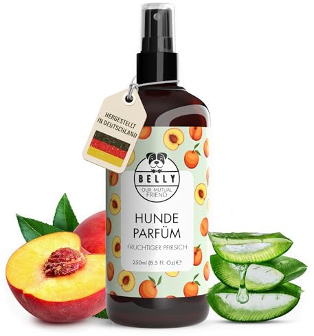 Belly® Hundeparfüm – Duftspray für Hunde & Welpen – Parfüm für Hunde mit fruchtigem Pfirsich – Spray gegen Geruch – pH-neutral – Fellpflege & Hundepflege – 250ml