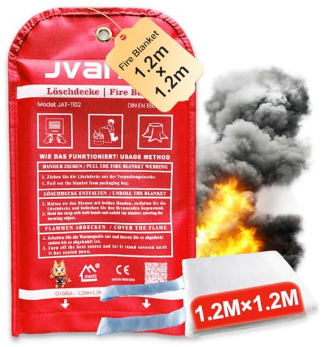 JVANTE Feuerlöschdecke 1.2x1.2m DIN EN 1869:2019 | Löschdecke für Küche, Auto, Büro | Brandschutzdecke mit Aufbewahrungsbehälter | Einzelstück