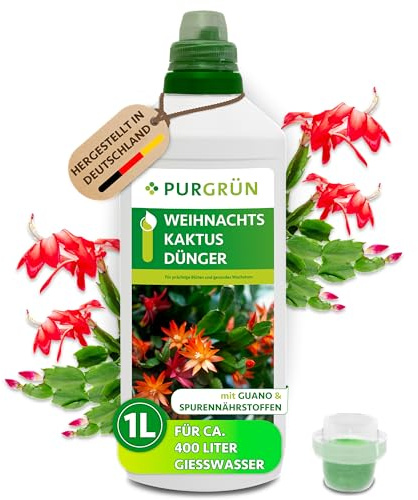 Purgrün® Weihnachtskaktus-Dünger 1 Liter – Spurennährstoffe für prächtige Blüten – Extra Kalium stärkt die Widerstandskraft – Ergiebiges Konzentrat für 400 Liter Gießwasser – Premium-Flüssigdünger