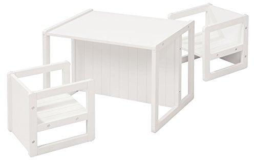 roba Sitzgruppe im Landhausstil für Kinder - 2 Hocker & Kindertisch - Umwandelbar zur Kinderbank - Kindersitzgruppe ab 2 Jahren - Holz weiß