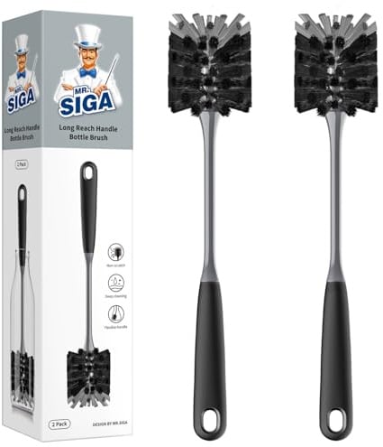 MR.SIGA Flaschenbürste mit langem Stiel, Flexible Bürste für Wasserflaschen, Glaswaren und Becher, Schwarz, 2er-Pack