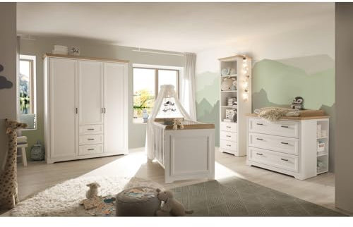 Lomadox Babyzimmer Set 4-teilig, Kleiderschrank, Gitterbett, Standregal, Wickelkommode umbaubar zur Kommode, Landhausstil, Pine weiß mit Eiche