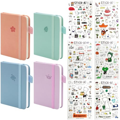FL HUA 4 Stück Tragbares Notizbuch A7 mit 6 Aufkleber, Farbe Hardcover Notizbücher Aufzeichnung von Memos und Zeitplänen, Taschen Notizblock Klein für Kinder und Erwachsene