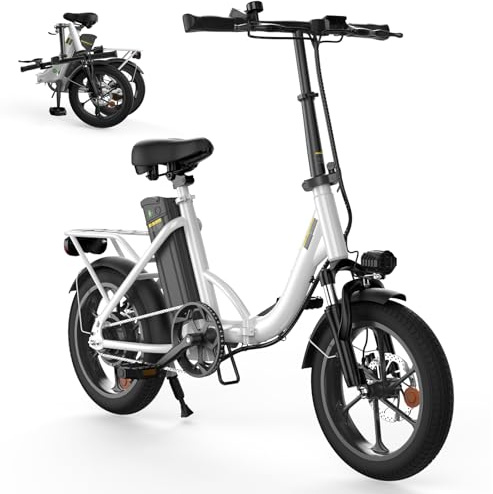 Finbike Klapprad E-Bike 16 * 2.15 Zoll Fat Tire,Tragbares Elektrofahrrad mit 10.4Ah Abnehmbarem Akku,4 Fahrmodi,PAS Reichweite MAX 88KM,Falt-Elektrofahrräder für Herren Damen Pendeln (Weiß)