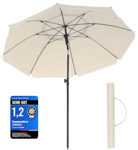 SONGMICS Sonnenschirm, 160 cm, Sonnenschutz, UPF 50+, neigbar um 30 Grad in beide Richtungen, höhenverstellbar, mit Tragetasche, für Balkon, Garten, Terrasse, Strand, ohne Sockel, Beige GPU60WTV1