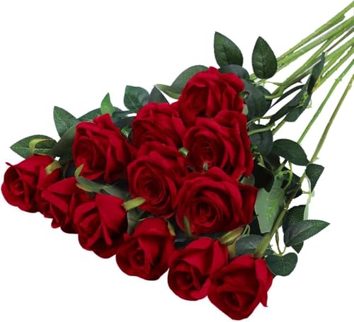 PacuM 12 Stück Künstliche Rosen Seidenblumen Fake Rose 51 * 7cm Einzelne Langstielige Künstliche Rosen Realistische Kunstrosen für Brautstrauß Heiratsantrag Party Haus Garten Dekor (Rot)