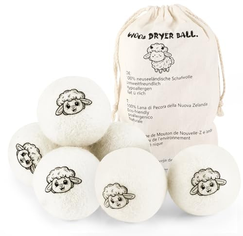 6er Set Trocknerbälle für Wäschetrockner, 100% Hypoallergene Neuseeländische Wolle Dryer, Natürlicher Weichspüler Waschbälle für Daunenen, Mit Lagerung Nylon Tasche